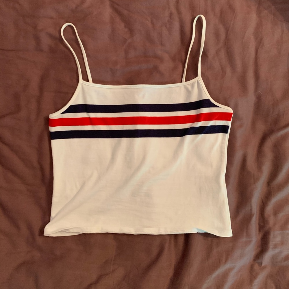 White crop top with red and blue stripes